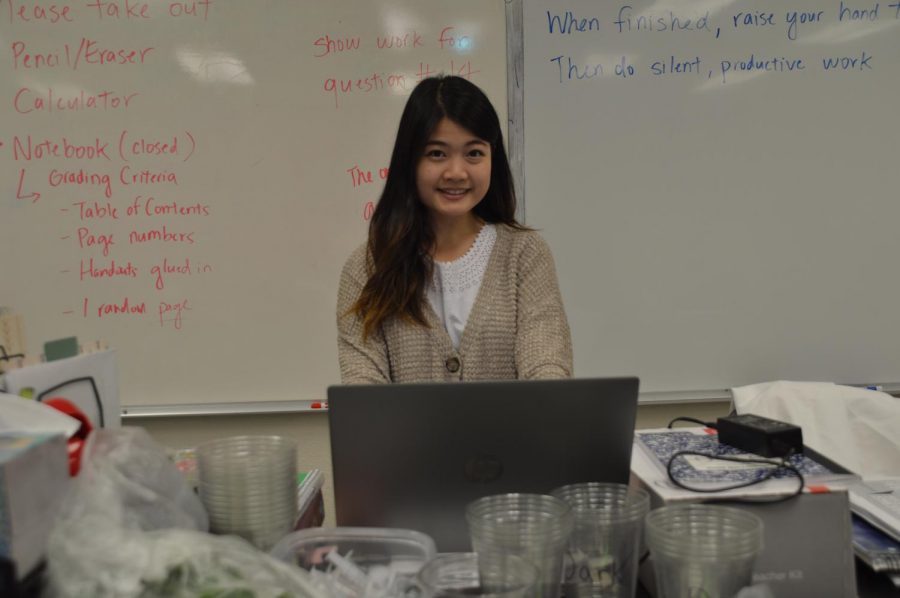 Science+teacher+Vivien+Chern+smiles+at+the+front+desk+in+the+classroom+where+she+teaches+AP+Biology%2C+Cal.