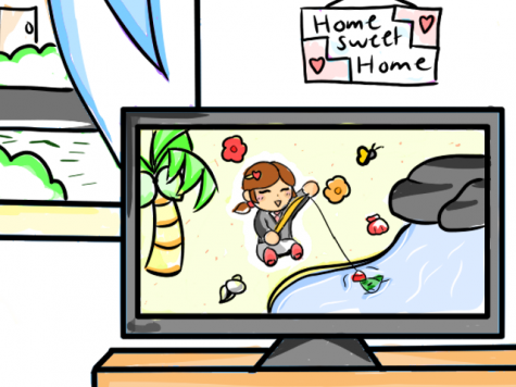 A television inside a house shows the game “Animal Crossing” displayed with an avatar joyfully fishing on the shore of a beach.
