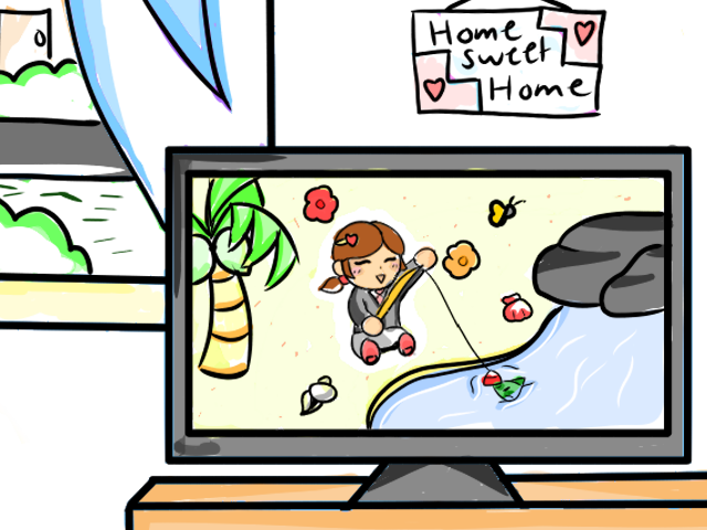 A television inside a house shows the game “Animal Crossing” displayed with an avatar joyfully fishing on the shore of a beach.