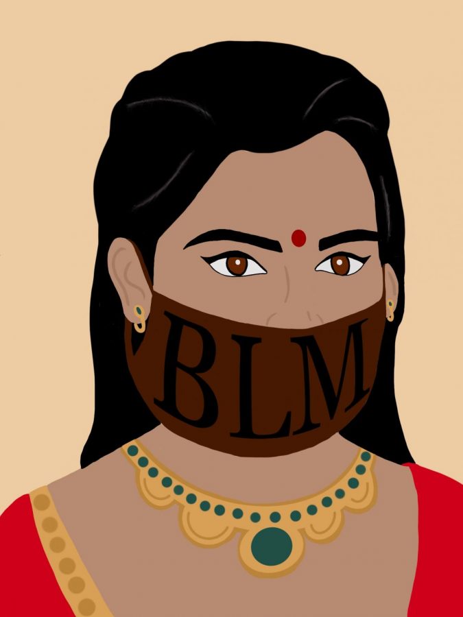 Digital drawing of an Indian woman wearing a Black Lives Matter mask.